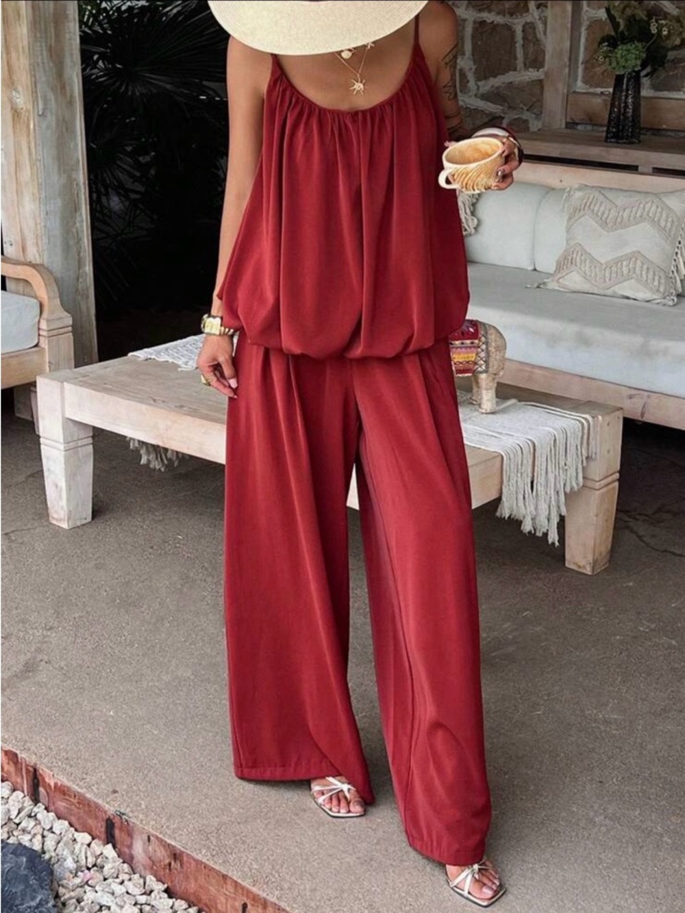 Women's Wide-Leg Jumpsuit in Brick Red